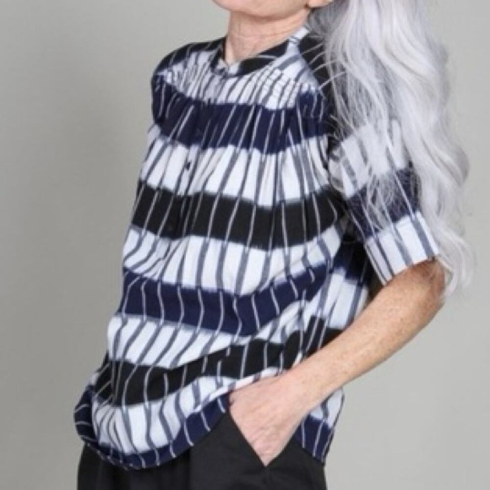 Apiece Apart Mission Ikat Print Popover S/S Blouse Shirred Cotton Top Sz XS